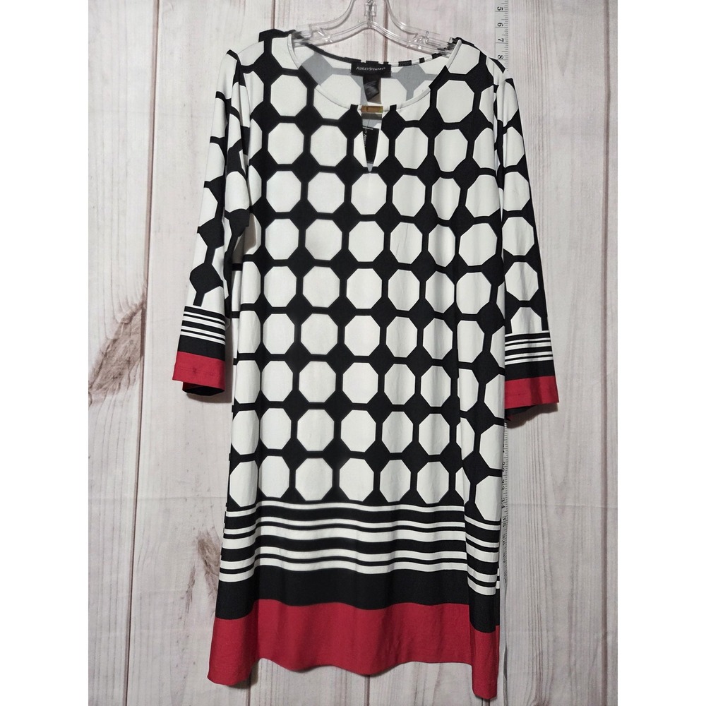Ashley Stewart Dress Womens 18/20‎ Geometric Stripe Knee Length Red Trim Plus